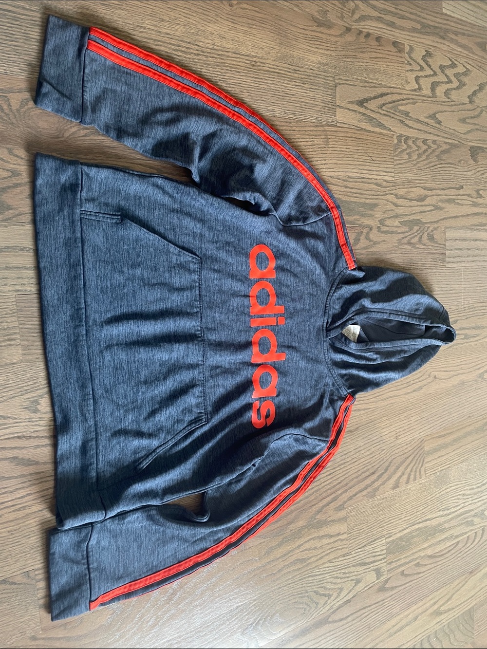 adidas Boys Gray Hooded Puffer Jacket with Red Logo & Stripe Accents